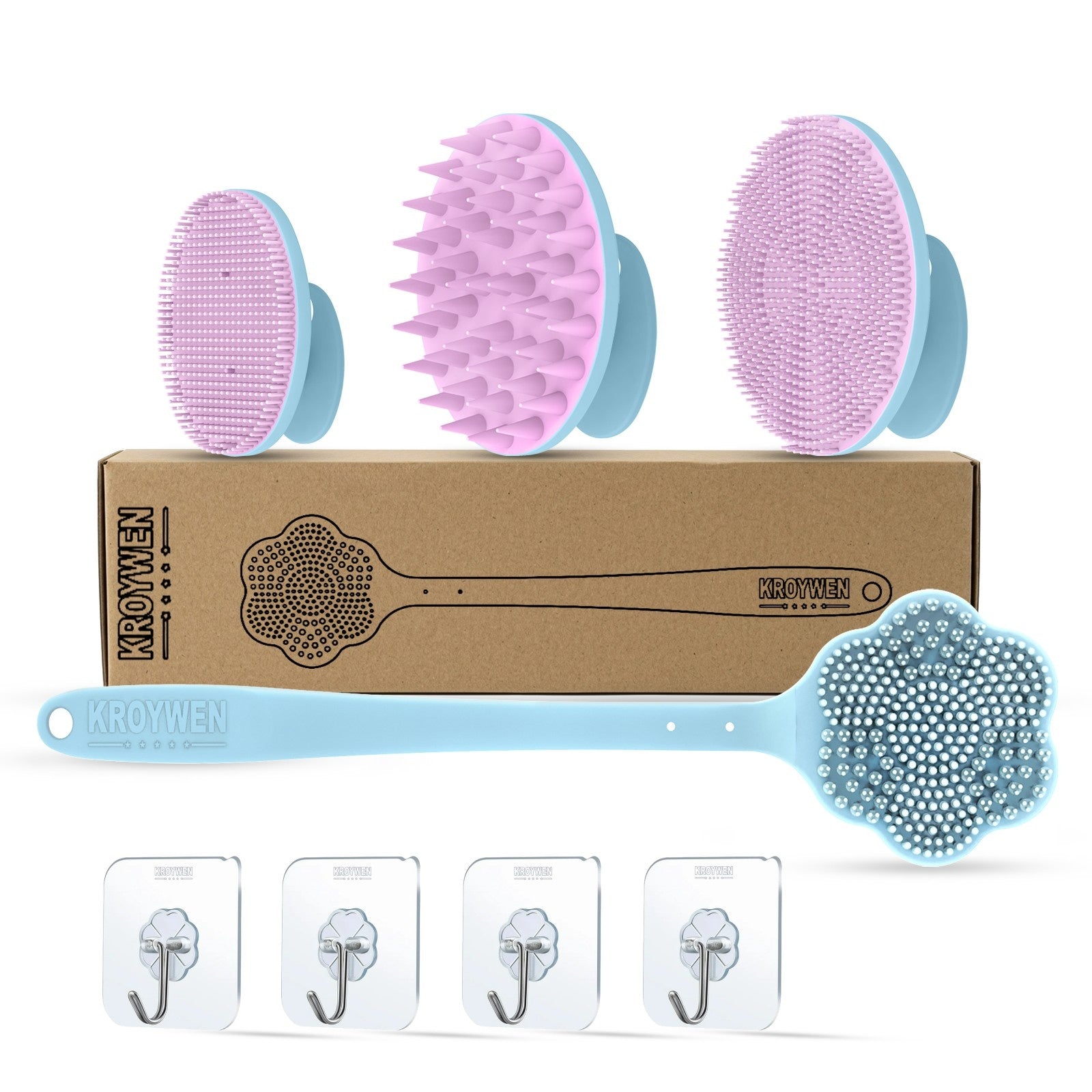 Set of three silicone scrubbing brushes with a cardboard box and hooks on a white background