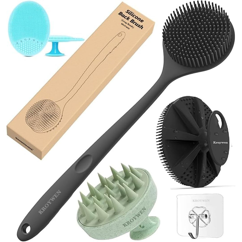 KROYWEN Soft Silicone Back Scrubber Long Handle Bath Brush + Body Scrubber Bath Brush + Scalp Massager for Hair + Face Scrubber Brush, Combination Combo, Super-Exfoliating & Lathering Body Scrubber, Shower Brush
