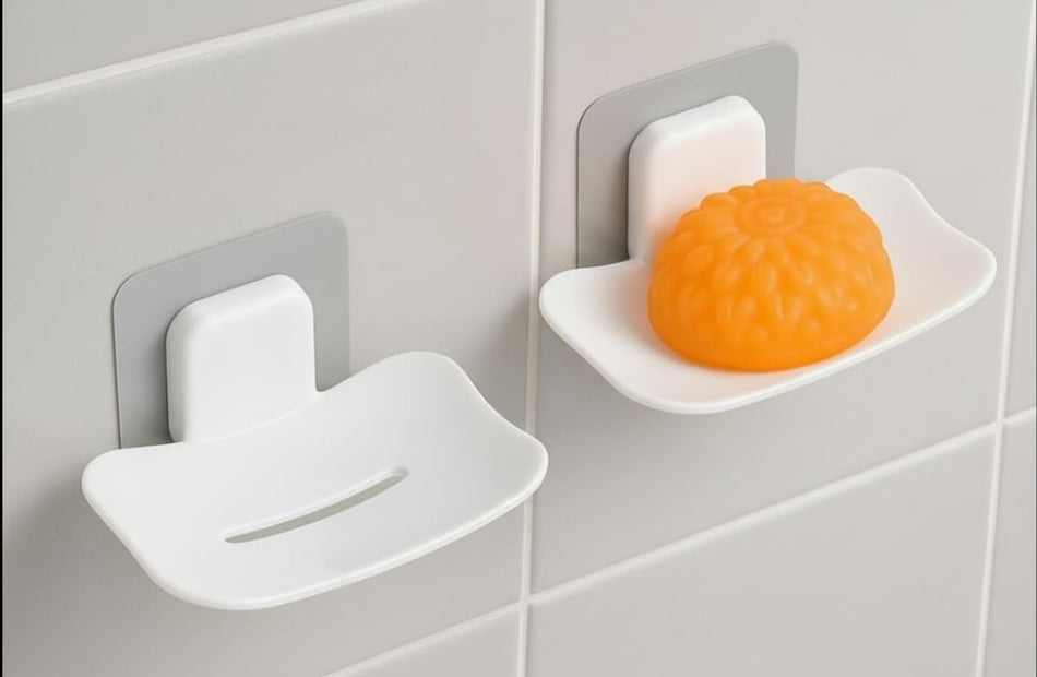 KROYWEN Plastic Soap Holder for Bathroom - Self-Adhesive Wall-Mounted Soap Case - Essential Bathroom Accessories Items - Durable Bathroom Soap Holder for Wall (Pack of 2) White