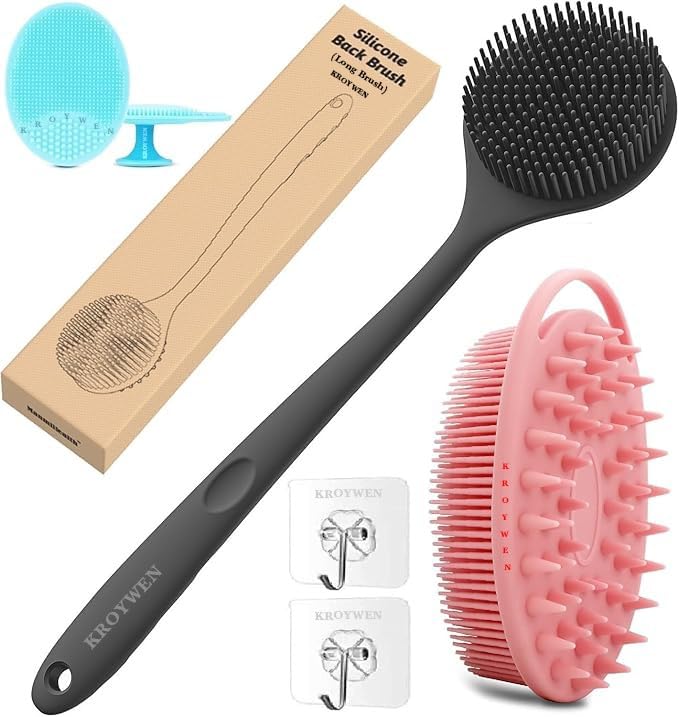 KROYWEN Ultra Soft Primum 2-in-1 Body Shower Bath & Shampoo Brush Massager for Hair,+ Silicone Soft Back Long Handle Shower Bath Brush+ Face Scrubber Brush, Exfoliating silicone Bath scrubber, Premium Loofah & Scalp, Combination Combo
