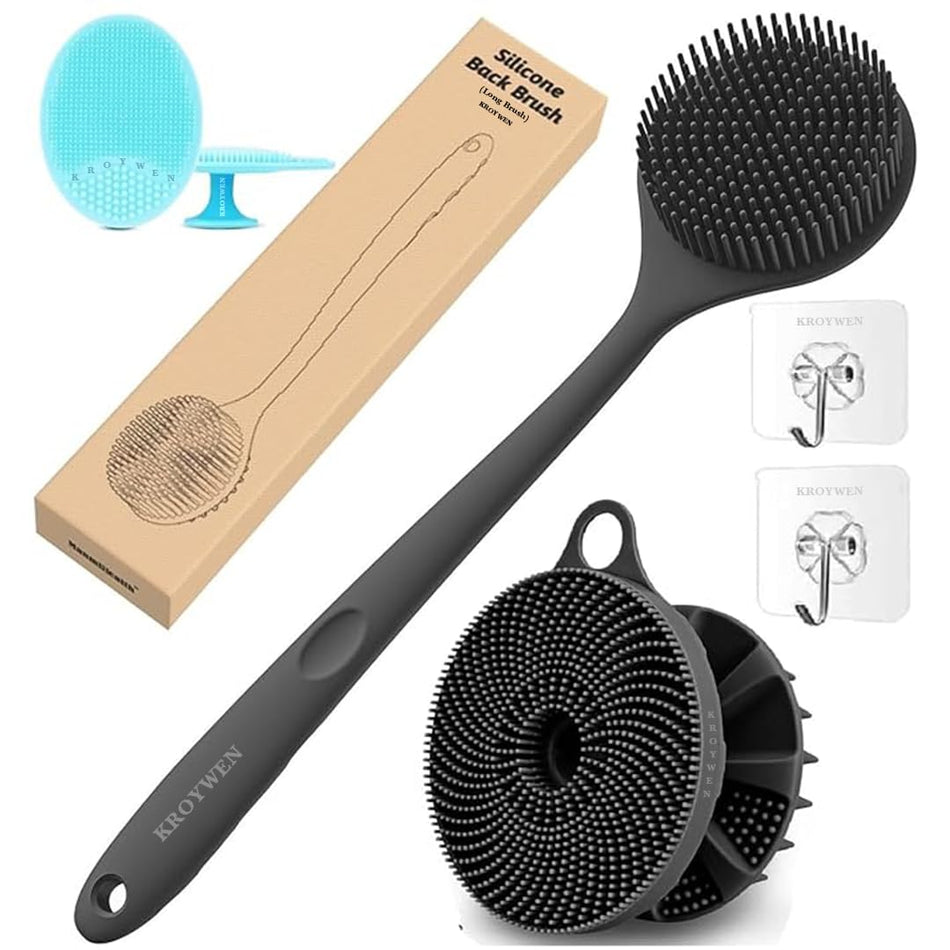 KROYWEN Soft Silicone Back Scrubber Long Handle Bath Brush + Body Scrubber Bath Brush + Scalp Massager for Hair + Face Scrubber Brush, Combination Combo, Super-Exfoliating & Lathering Body Scrubber