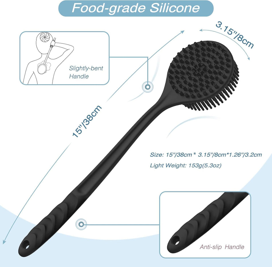 KROYWEN Premium Soft Silicone Back Scrubber Shower Bath Body Brush with Long Handle Dirt_Removal Back Scrubber